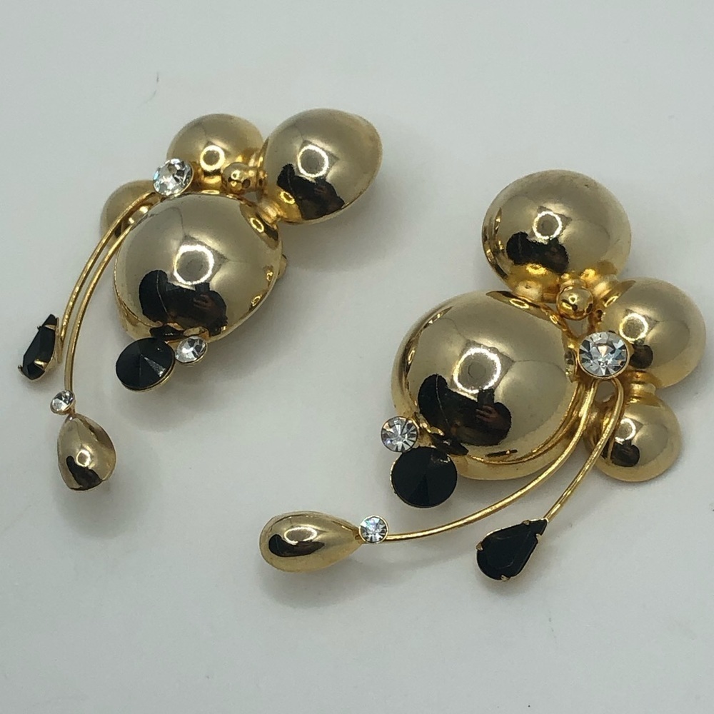 Vtg Modernist Gold Tone Bubble Dome Crystal Wire Abstract Clip On Earrings 2.8”
